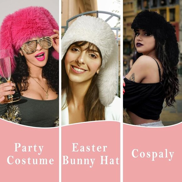 Y2K Fuzzy Bunny Hat for Women Girls Cute Furry Beanie with Long Rabbit Ears
